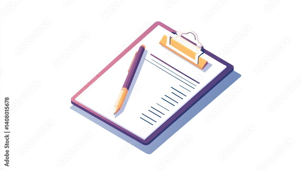 Clipboard with pen, isometric view, document Clipboard with pen, isometric view, document