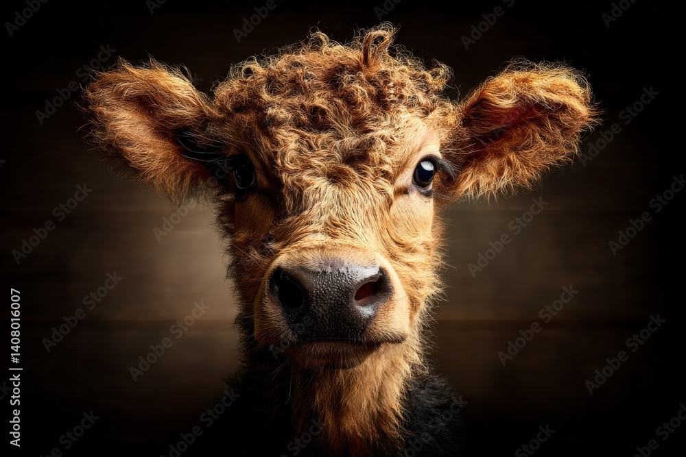 Fototapeta premium Cute young calf with curly fur gazing directly at the viewer in a dimly lit barn setting