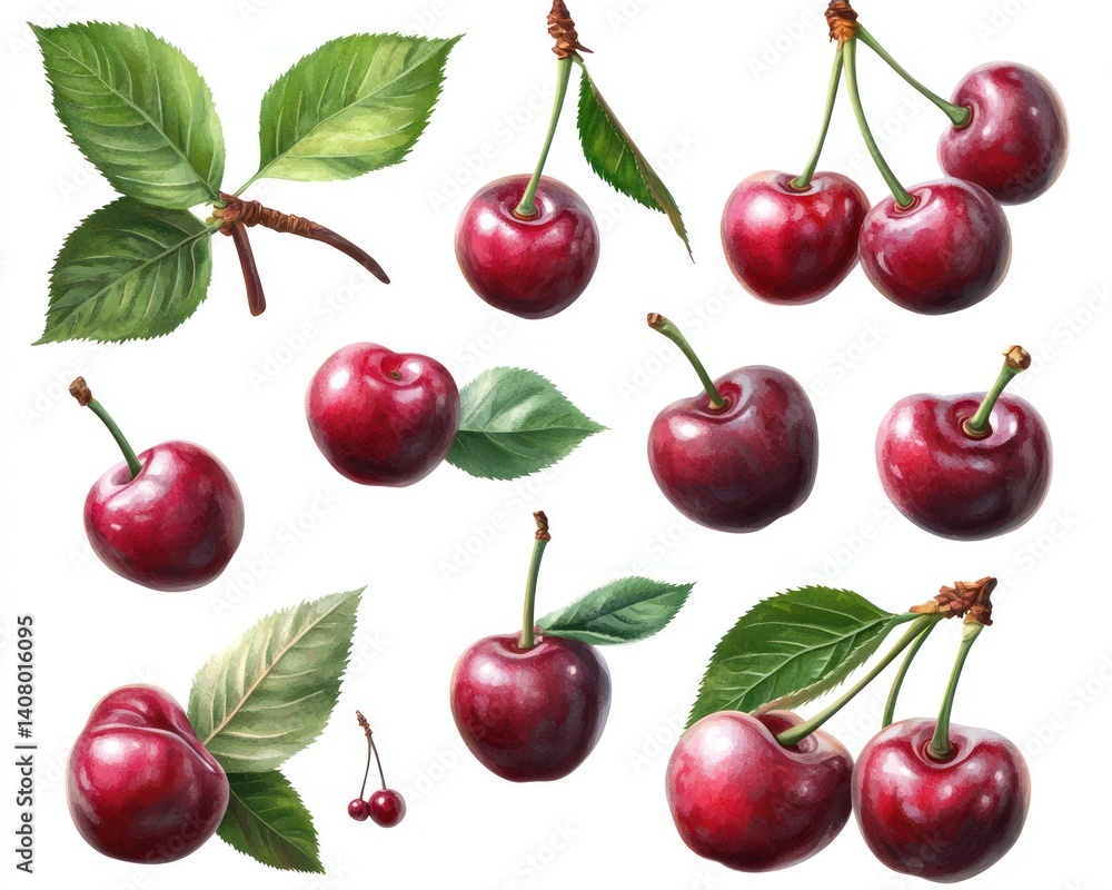 Fresh and Juicy Red Cherries with Green Leaves on White Background for Food and Nature Themes Fresh and Juicy Red Cherries with Green Leaves on White Background for Food and Nature Themes