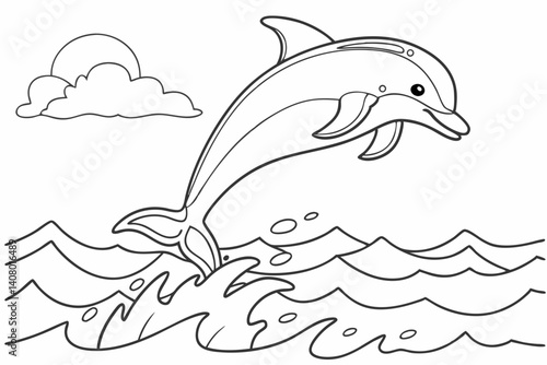 Coloring Pages, a playful dolphin leaping out of the ocean, uncolored, black and white