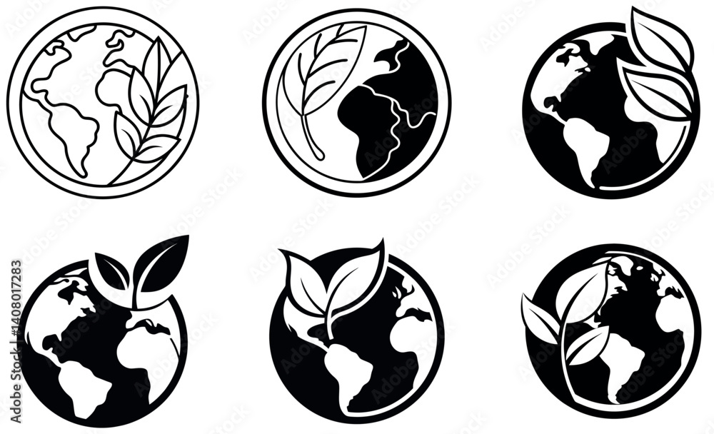 Simple black and white Earth icons with leaves, perfect for environmental themes. Simple black and white Earth icons with leaves, perfect for environmental themes.