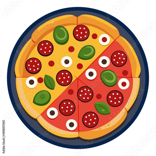 Vector art of a traditional Italian pizza with hand-drawn toppings