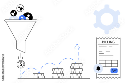 Funnel processing customers into revenue, stacked coins representing growth, billing receipt, gear icon. Ideal for business strategy, conversions, sales, payment, financial growth billing flat