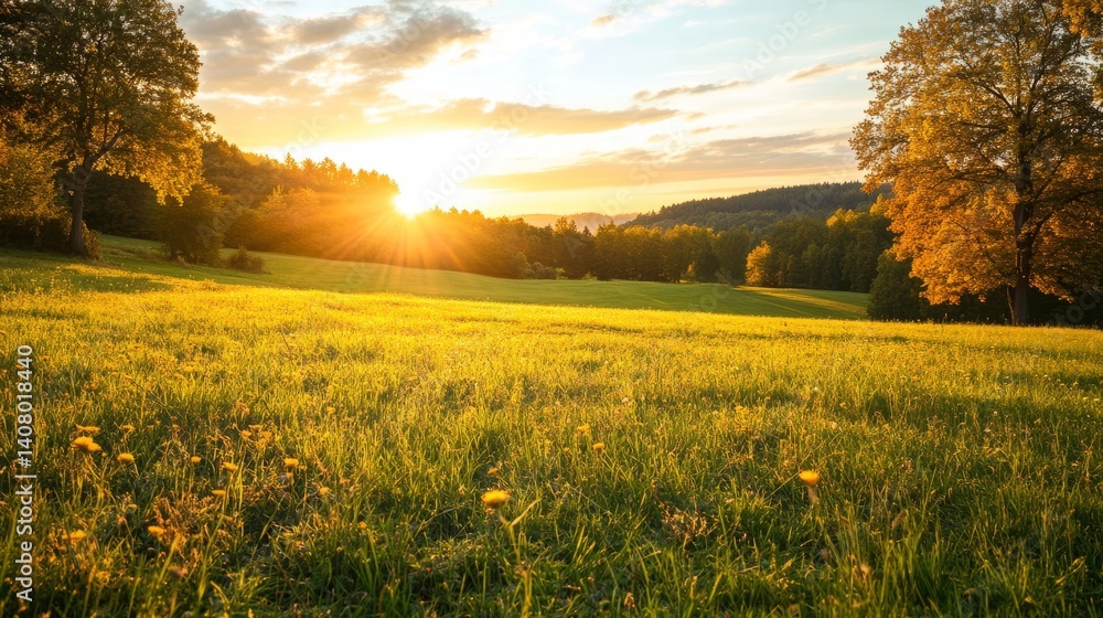 Obraz premium A wooden cross stands in a meadow, bathed in golden autumn sunrise light. Peace and solitude in nature's embrace. 