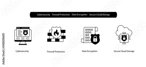 Firewall and Cloud Encryption Icons for Cybersecurity Data Protection Systems