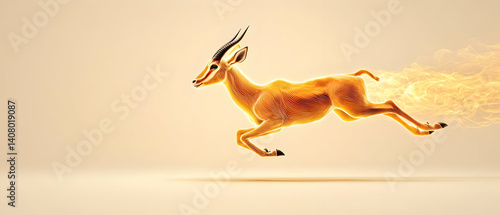A Golden Antelope Running With Fiery Trail In Bright Yellow Orange Light With Dreamlike Fantasy Surreal Style On A Light Yellow Orange Background