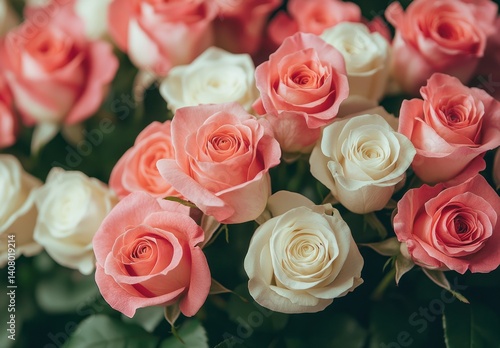 Beautiful Arrangement of Fresh Pink and White Roses in Bloom with Natural Green Foliage Background