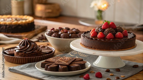 Fototapeta Naklejka Na Ścianę i Meble -  woman,dog,outdoor street barger,cake,delicious dessert sweets,skin cream,tameplate,A serene reading nook featuring an oversized armchair draped with a soft, plush blanket in muted tones. A small woode