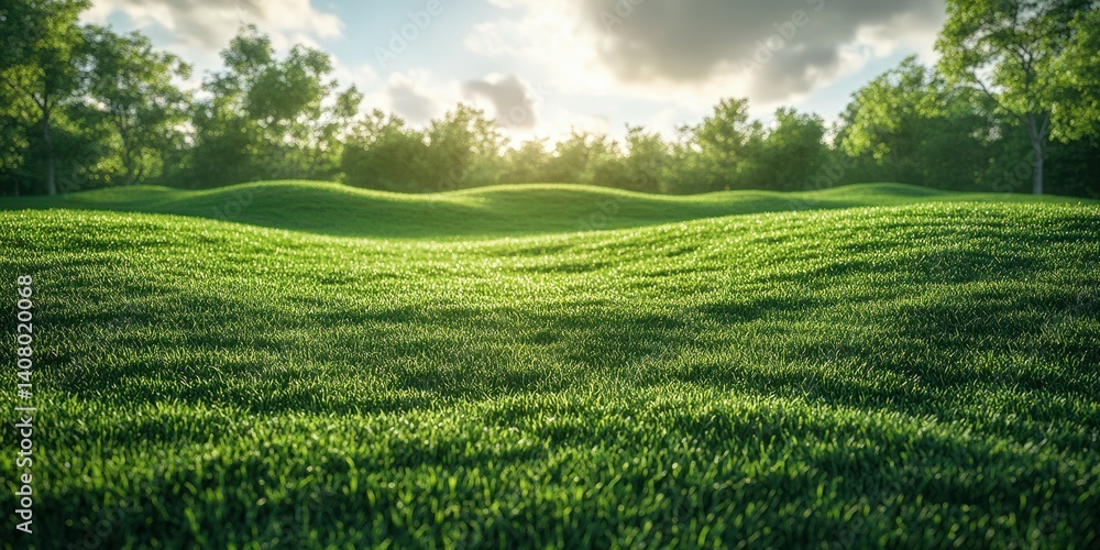 Fototapeta premium Vibrant green grass rolling hills under soft sunlight in a tranquil outdoor setting during the early morning