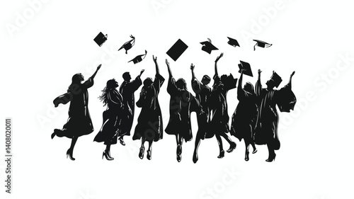 Joyful Graduates Celebrate by Tossing Mortar Board in the Air