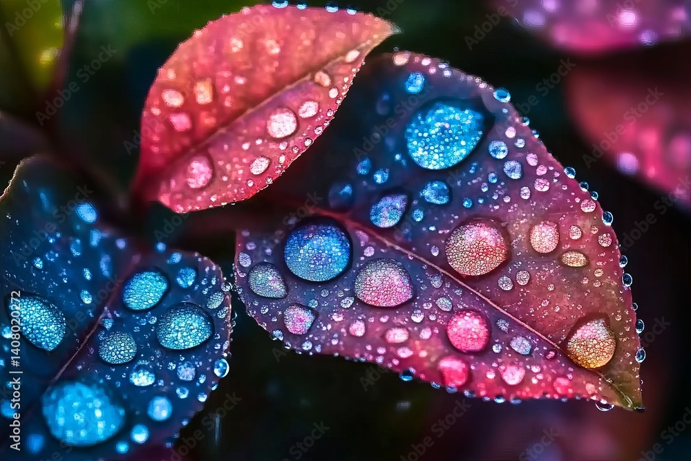 A close-up of dew-kissed leaves, their vibrant colors reflecting the morning light. The water droplets glisten like tiny diamonds on these intricate petals, A close-up of dew-kissed leaves, their vibrant colors reflecting the morning light. The water droplets glisten like tiny diamonds on these intricate petals,