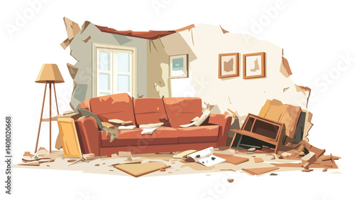 Chaotic Living Room Interior Post Earthquake - Aftermath of Disaster Concept