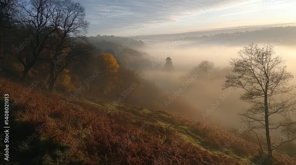 Fototapeta premium A misty autumnal landscape with a valley shrouded in fog.