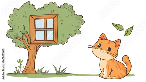 Adorable Cat and Tree Cartoon Illustration with Window - Charming and Cute Design for Creative Projects