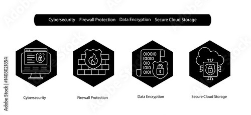 Cybersecurity Vector Icons for Firewall Safety and Cloud Data Encryption