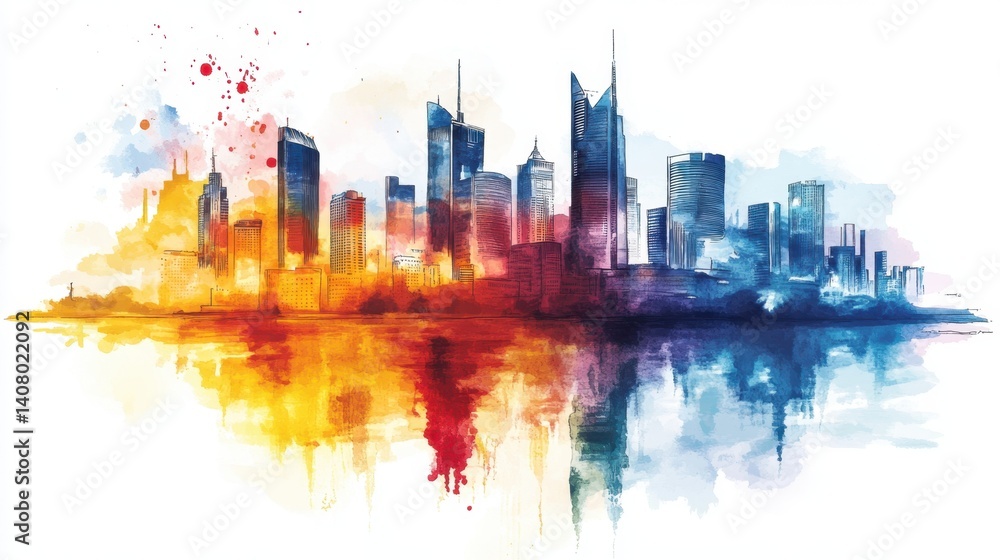 Fototapeta premium Vibrant Cityscape Watercolor Painting Modern City Skyline Reflection Urban Art Design