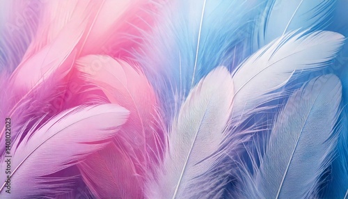 Wallapaper pastel-colored feathers in light pink and baby blue tones, fluffy texture