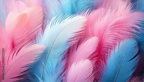 Wallapaper pastel-colored feathers in light pink and baby blue tones, fluffy texture
