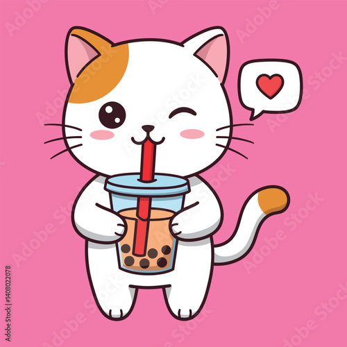 Cute cartoon cat with a cup of coffee and a mouse in a fun illustration
