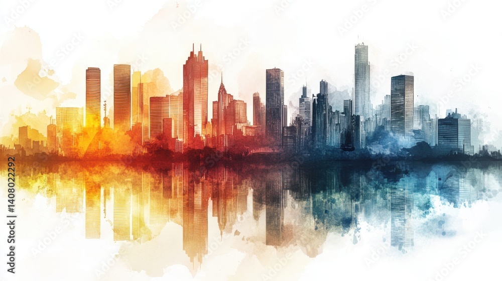 Fototapeta premium Vibrant Cityscape Watercolor Painting Modern Urban Skyline Reflection