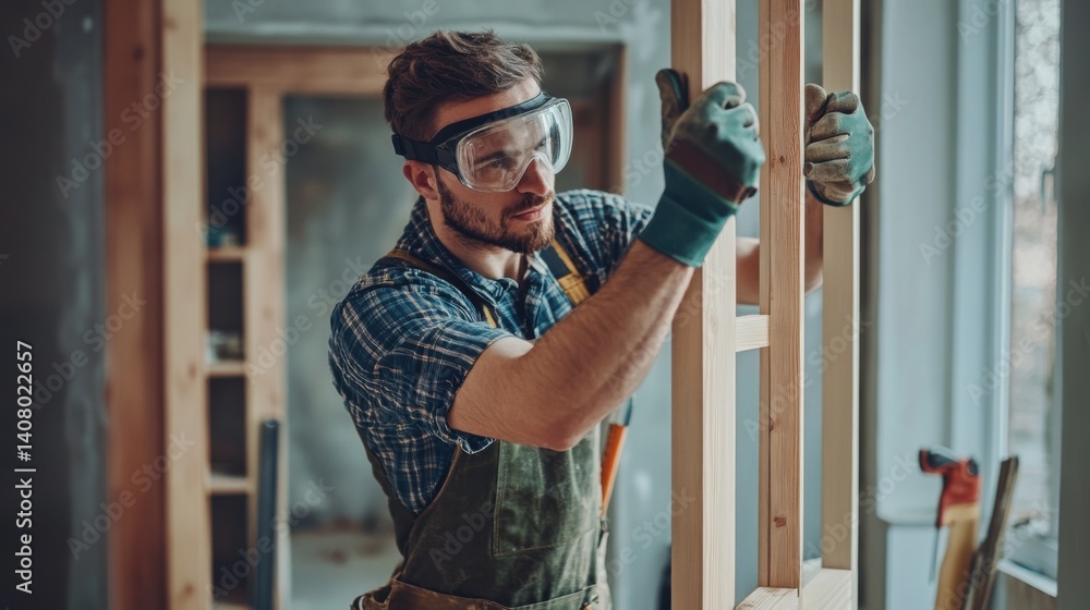 Carpenter installing a wooden door frame in a living room. Featuring door frame installation and precision carpentry Carpenter installing a wooden door frame in a living room. Featuring door frame installation and precision carpentry