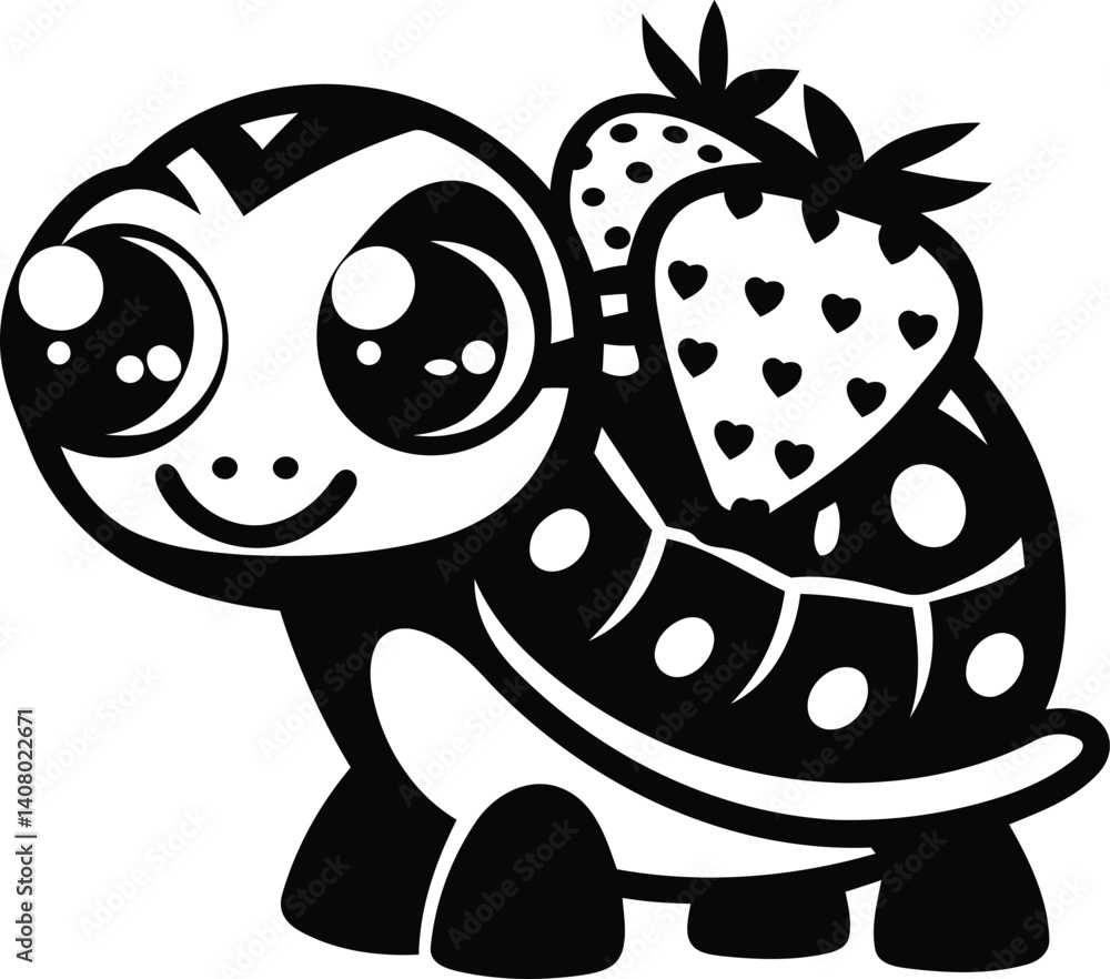 Fototapeta premium Cartoon turtle with strawberries unique vector illustration, cartoon turtle with strawberries silhouette and line art vector design