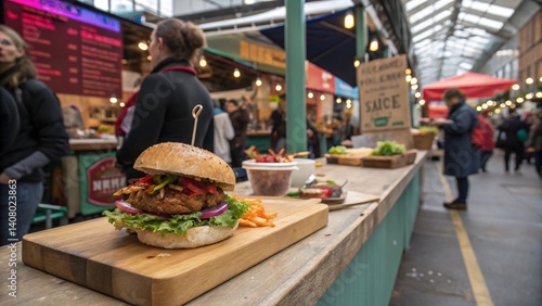 Fototapeta Naklejka Na Ścianę i Meble -  woman,dog,outdoor street barger,cake,delicious dessert sweets,skin cream,tameplate,A serene reading nook featuring an oversized armchair draped with a soft, plush blanket in muted tones. A small woode