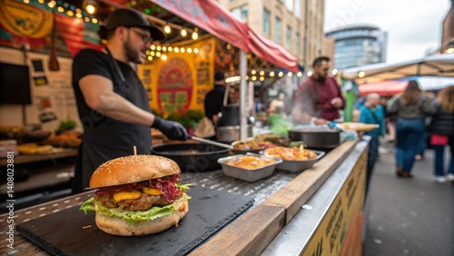 Fototapeta Naklejka Na Ścianę i Meble -  woman,dog,outdoor street barger,cake,delicious dessert sweets,skin cream,tameplate,A serene reading nook featuring an oversized armchair draped with a soft, plush blanket in muted tones. A small woode