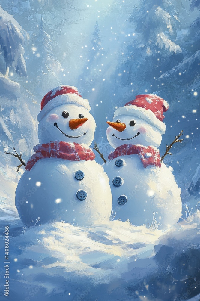 Fototapeta premium Cheerful Snowmen Couple in Snowy Woods