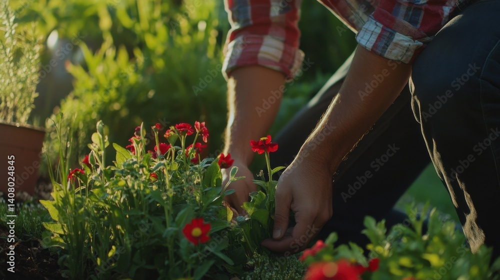 Fototapeta premium Hispanic landscaper planting flowers in a garden bed. Featuring landscaping and garden planting