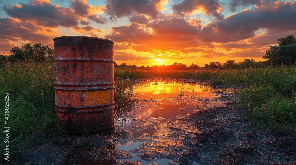 Obraz premium pfas chemical container on the ground near a wetland during sunset highlighting environmental contamination issues generative ai,photo stock