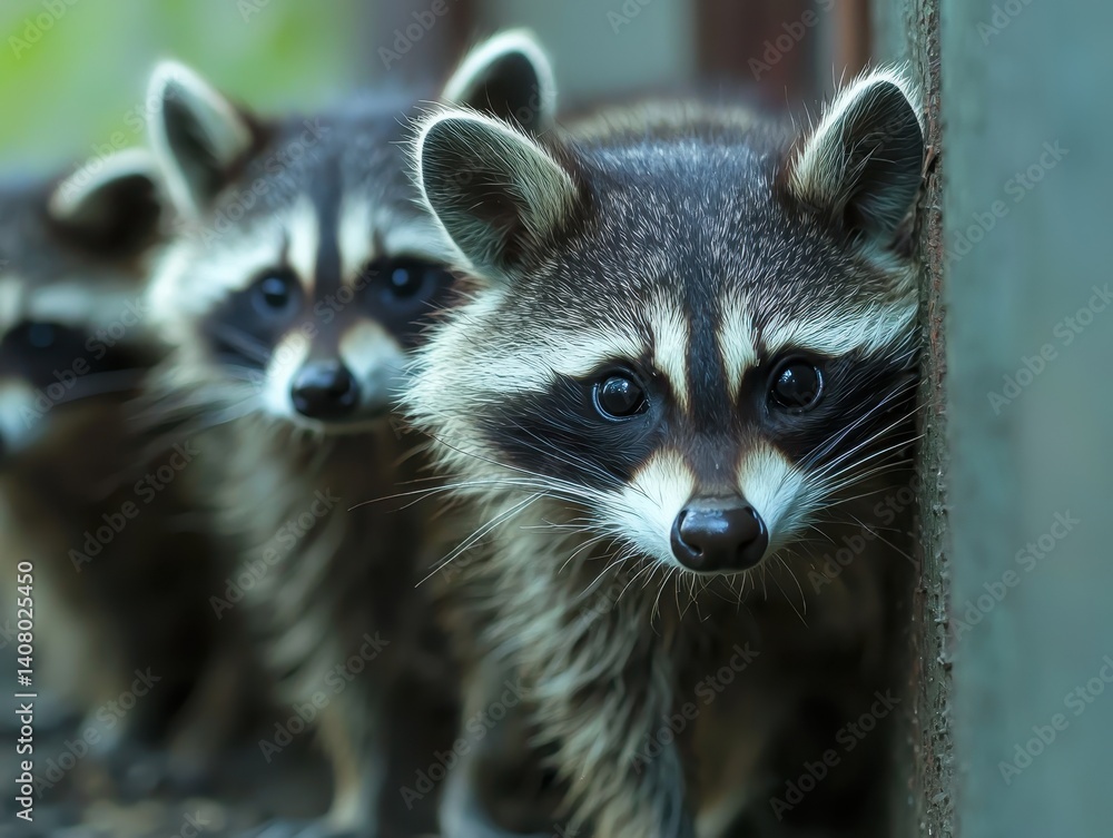A row of masked raccoons peek inquisitively from behind a wall. Their expressive eyes and fluffy fur create a charming natural tableau. A row of masked raccoons peek inquisitively from behind a wall. Their expressive eyes and fluffy fur create a charming natural tableau.
