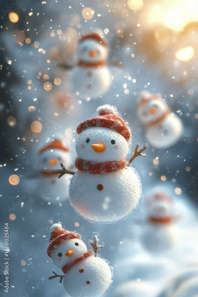 Fototapeta premium Snowmen Falling Festive Winter Scene Bokeh Lights Snowfall Holiday Season Xmas Decoration