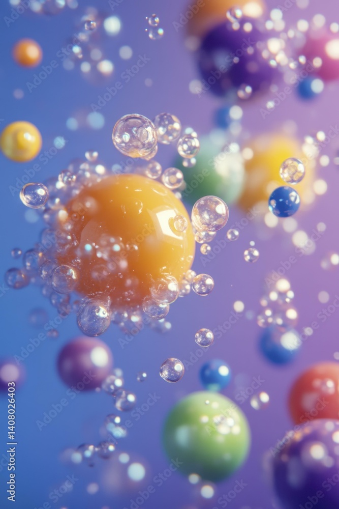 Glossy Colorful Spheres and Transparent Bubbles Floating on Azure Backdrop Glossy Colorful Spheres and Transparent Bubbles Floating on Azure Backdrop