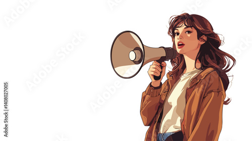 Confident Young Female Holding Megaphone and Speaking Out Loud