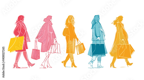 Elegant Continuous Line Art of Women Shopping Vector Illustration