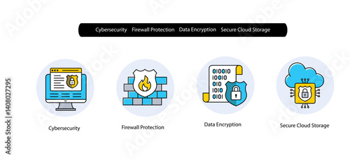 Cybersecurity Icons for Firewall Access and Cloud-Based Encryption Solutions