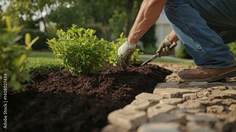 Fototapeta premium Hispanic landscaper planting shrubs along a stone pathway in a residential yard. Featuring care and environmental design