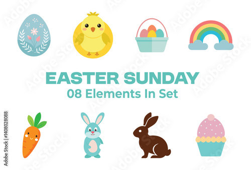 8 happy easter sunday elements in one bundle isolated on white background
