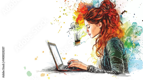 Creative Young Woman with Idea working on Laptop