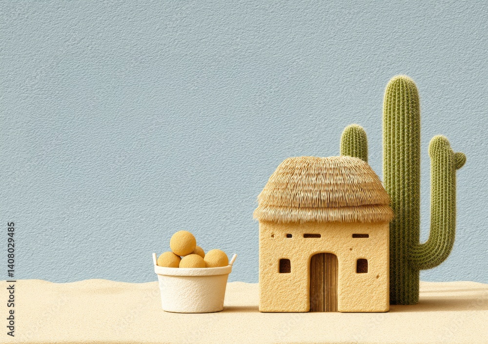 Animated Flat Vector Illustration of White House with Cactus and Bowl of Balls on Sand Background