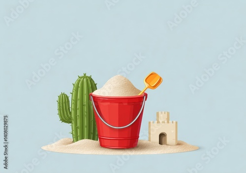Summer Beach Scene with Red Bucket, Sandcastle, Cactus, and Shovel for Seasonal Offer