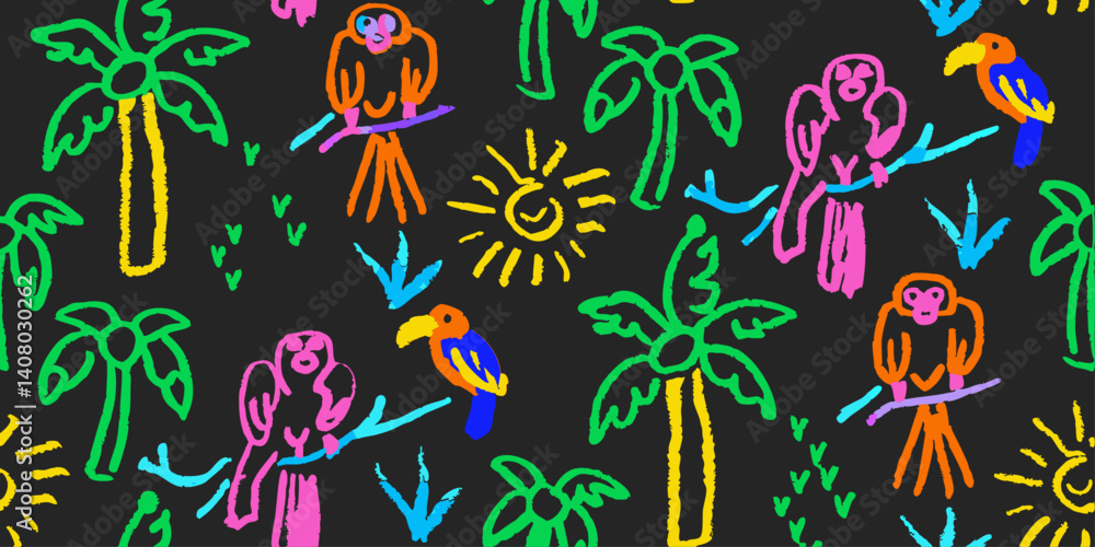 Fototapeta premium A playful, colorful kid crayon chalk doodle illustration on a black background. Chalk star, heart, flower color, cute element background. Vector illustration