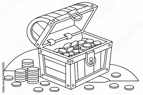 Coloring Pages, a treasure chest overflowing with gold coins, colorless, uncolored, black and white
