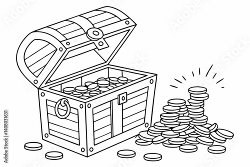 Coloring Pages, a treasure chest overflowing with gold coins, colorless, uncolored, black and white