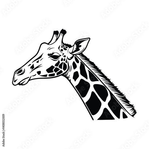 Black silhouette of giraffe head and neck gracefully outlined on a stark white background
