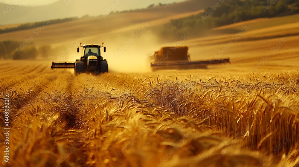 Fototapeta premium Tractor Harvesting Wheat at Sunset, A red tractor harvesting wheat in a golden field at sunset, creating a dusty atmosphere