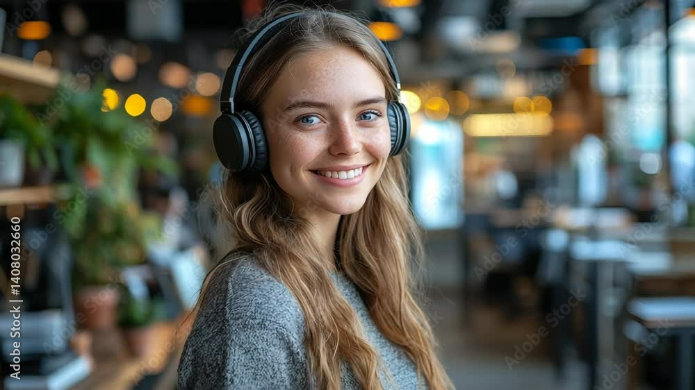 Young woman enjoying music in a cozy cafe with warm lighting and a relaxed atmosphere Young woman enjoying music in a cozy cafe with warm lighting and a relaxed atmosphere