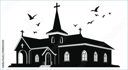 Silhouette Of A Traditional Church With Birds In Flight Vector