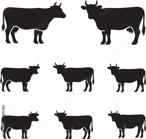 farm animals collection, Cow icon set silhouette vector style with white background